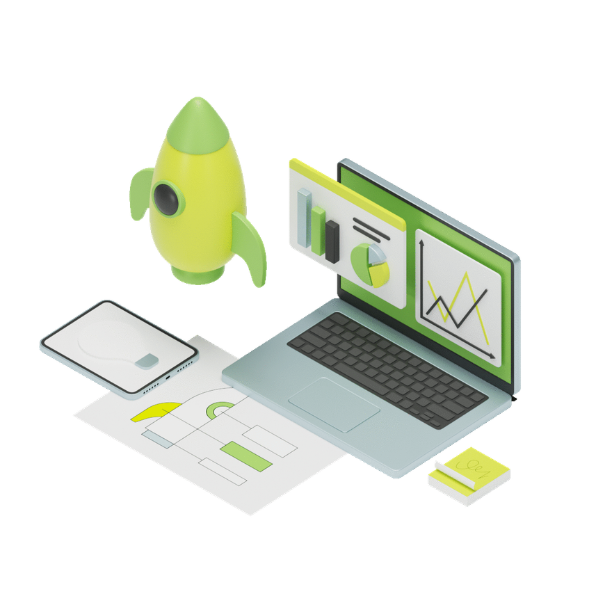 Isometric illustration of a laptop showing analytics dashboards, with a rocket lifting off beside it.