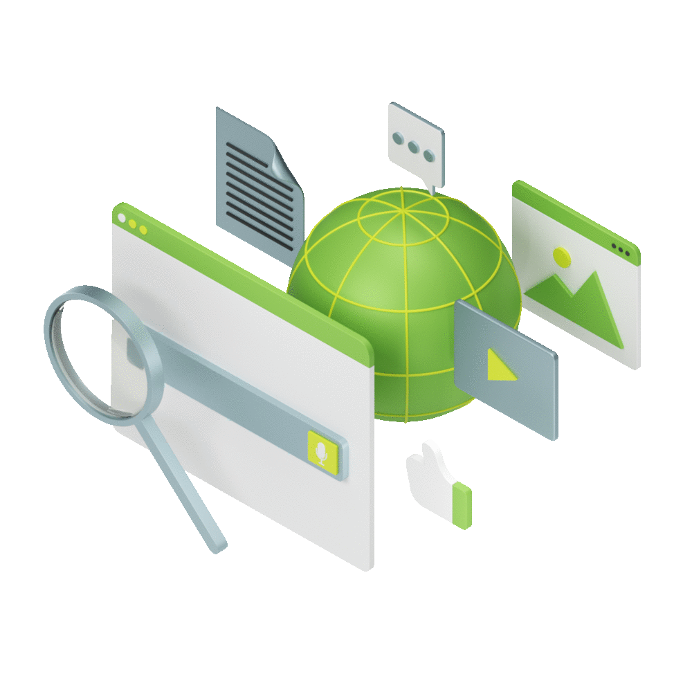 Isometric illustration of a Digital Worker searching documents, images, messages and web pages around a globe.